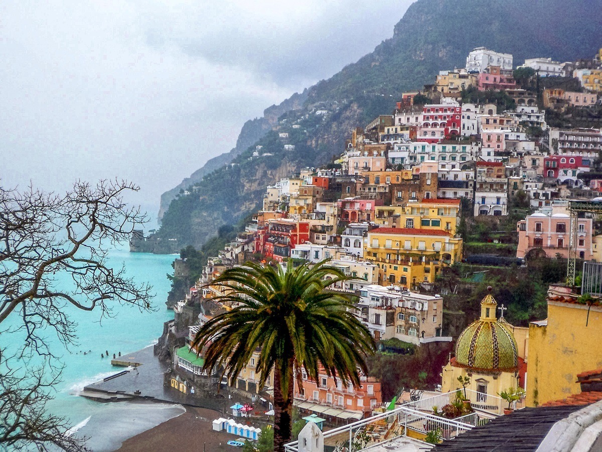 The town of Positano on the Amalfi Coast...complete with a palm tree...in the pouring rain.