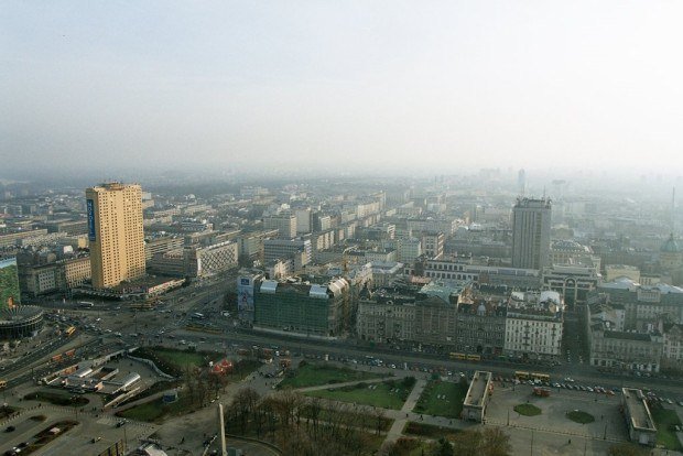 The view from the Viewing Terrace at the Palace of Culture and Science in Warsaw, Poland.