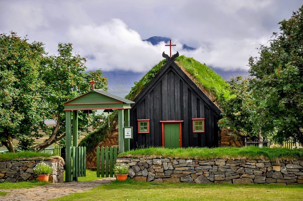 A turf church in Iceland.