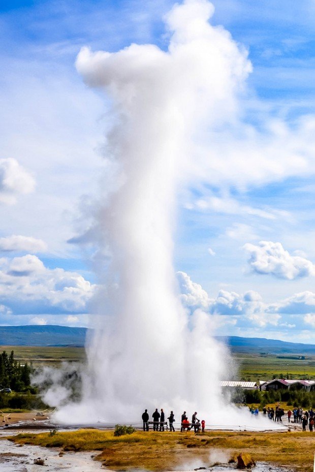Strokkur geyser with people in front