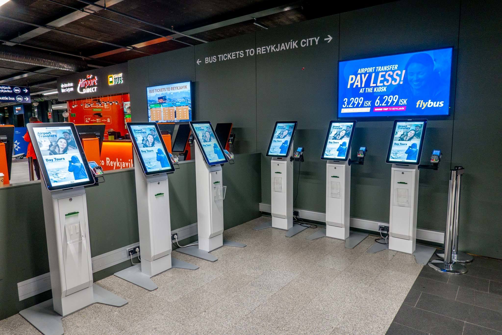 The Flybus kiosks at the Keflavik Airport in Reykjavik.