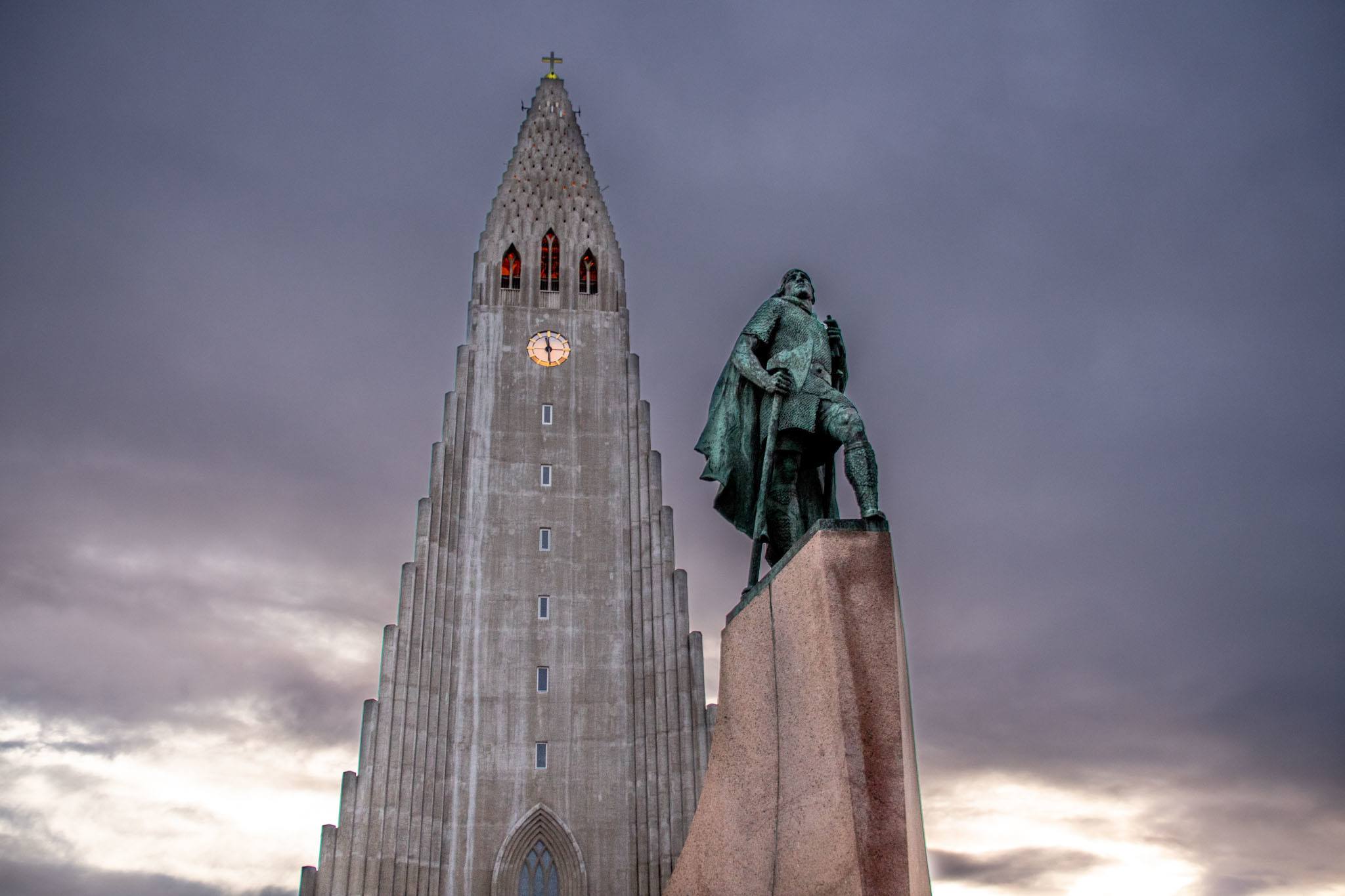 Leif Ericsson statue in front of the Hallgrimskirkja church in Reykjavik.