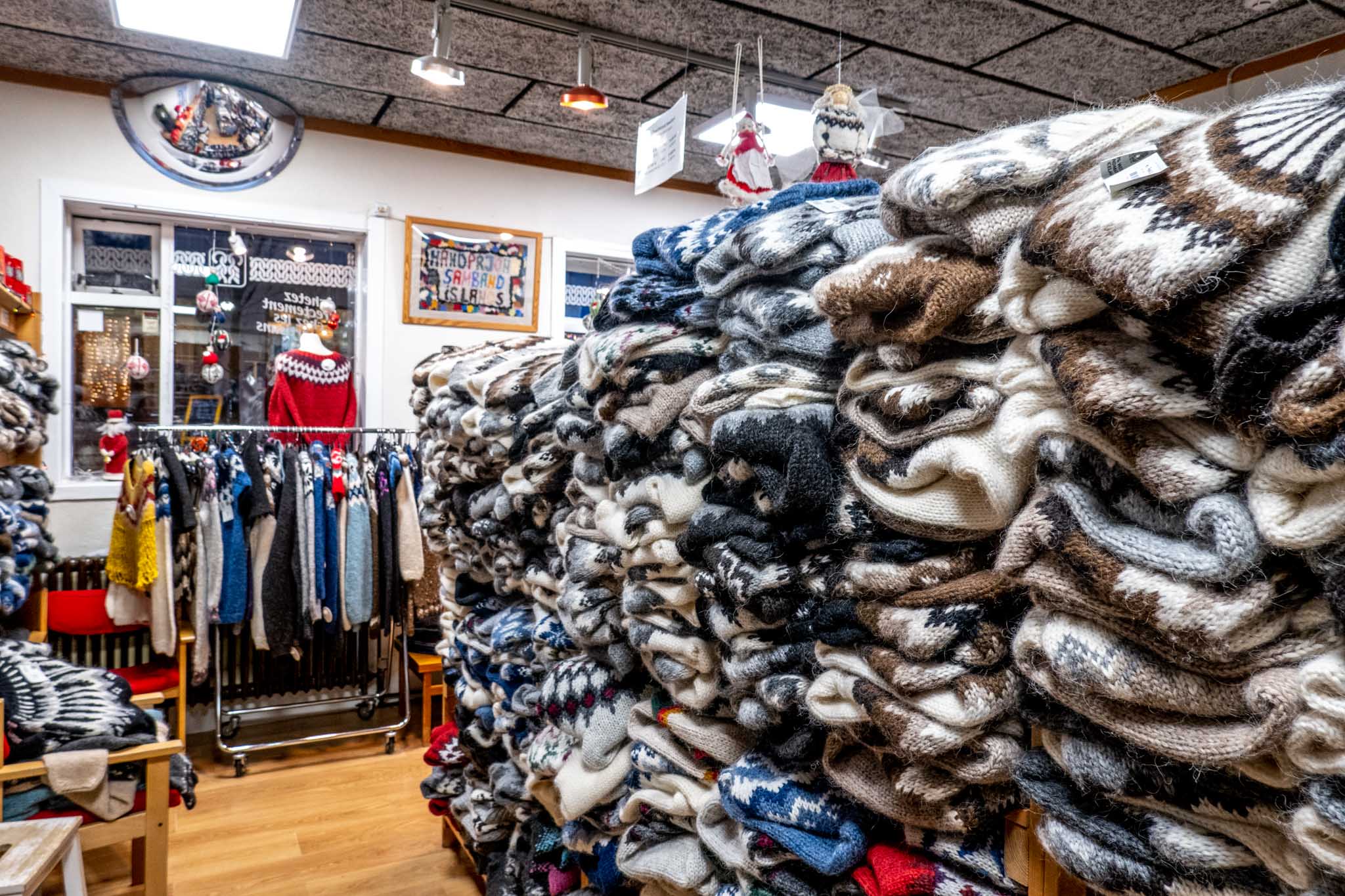 Sweaters and knitted souvenirs at the Handknitting Association store.