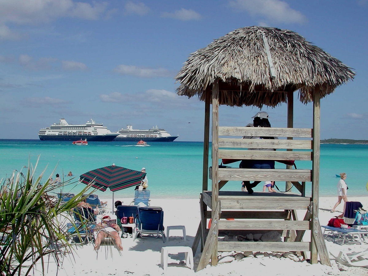 Two Holland America ships at the company's private island: Half Moon Cay Bahamas.