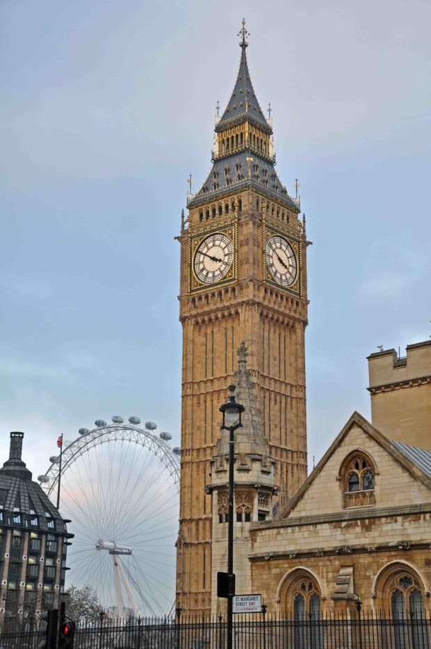 Big Ben clock tower and London Eye Ferris wheel