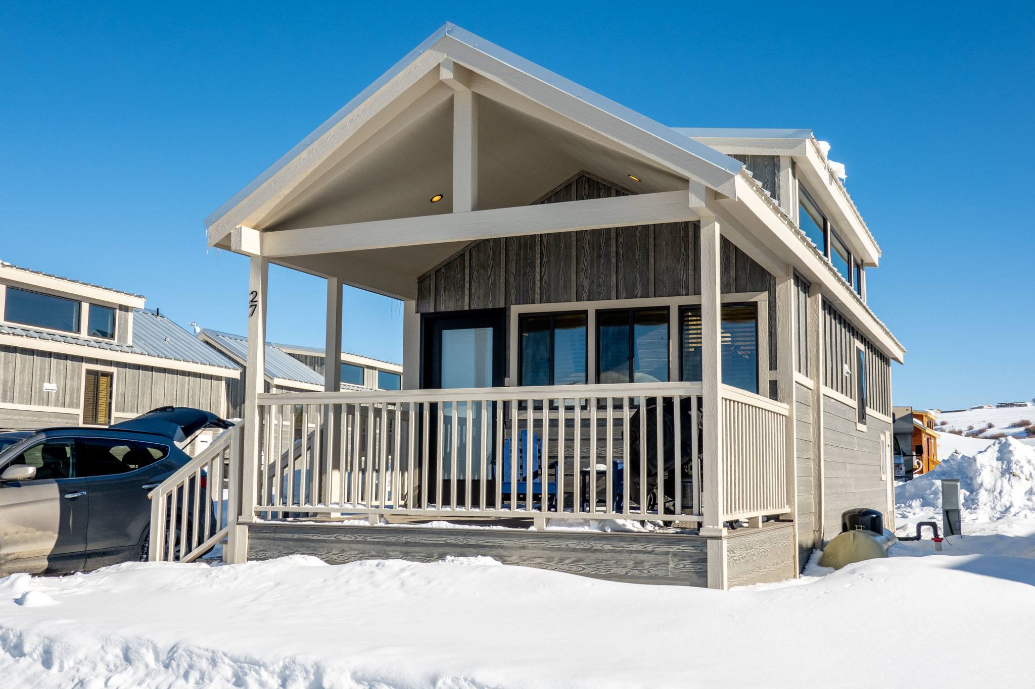 Bearclaw Cabin at the River Run RV Resort in the snow in Granby Colorado