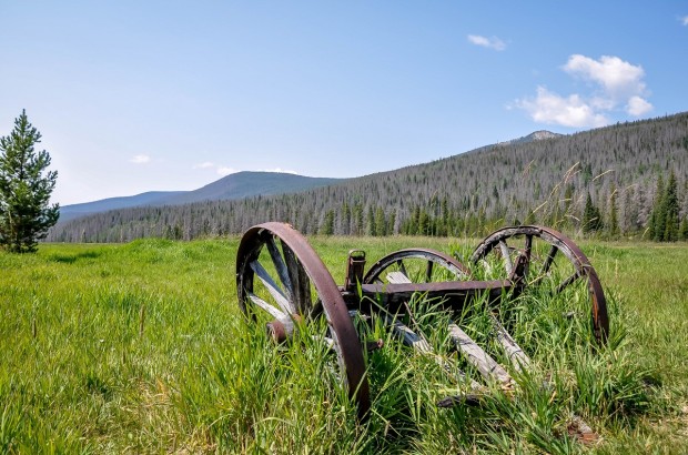 Grand Lake and Rocky Mountain National Park Abandoned farming equipment at the Holzwarth National Historic Site inside the Rocky Mountain National Park.