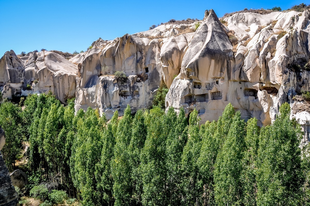 Caves in the rock at the Goreme Open Air Museum in Cappadocia, Turkey.