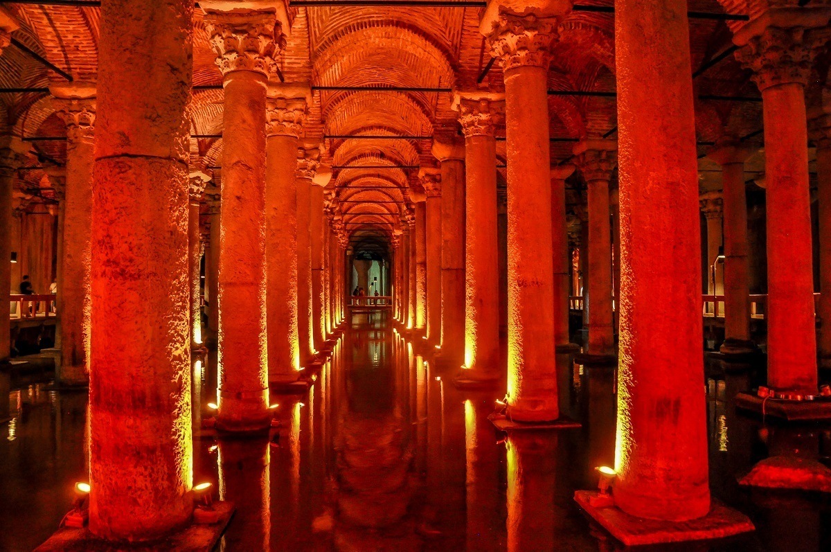 The illuminated columns of the underground world of the Basilica Cistern in Istanbul.