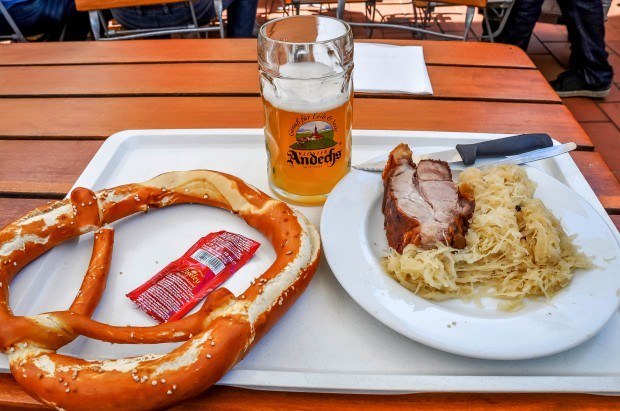 Pretzel, beer, and pork lunch at Andechs monastery, a short diversion off the Romantic Road.