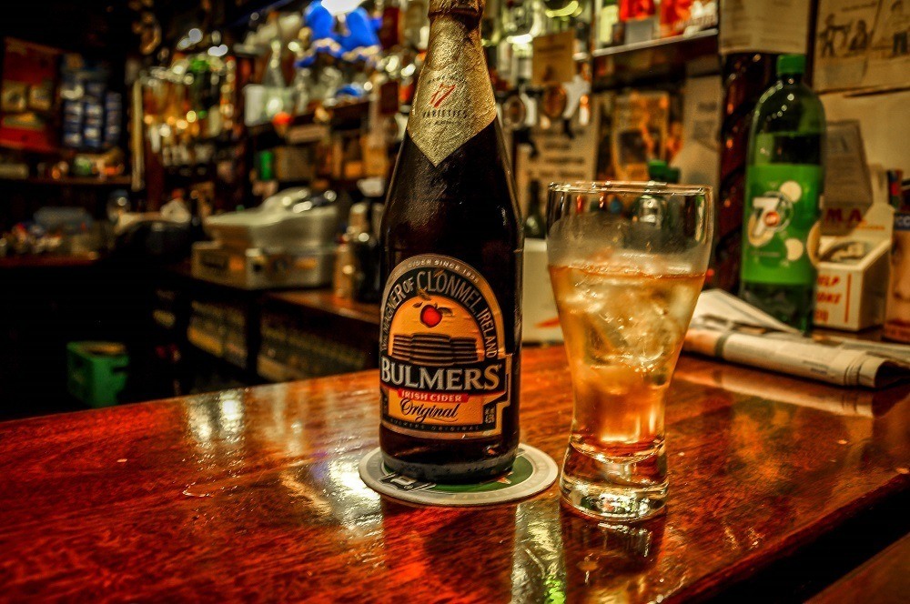 Bulmers bottle and glass