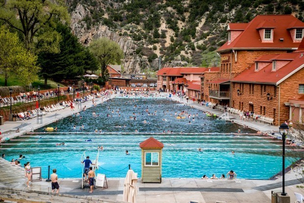 The Glenwood Hot Springs Pool in Glenwood Springs, Colorado. This is the world's largest hot springs pool and the best known Colorado hot springs.