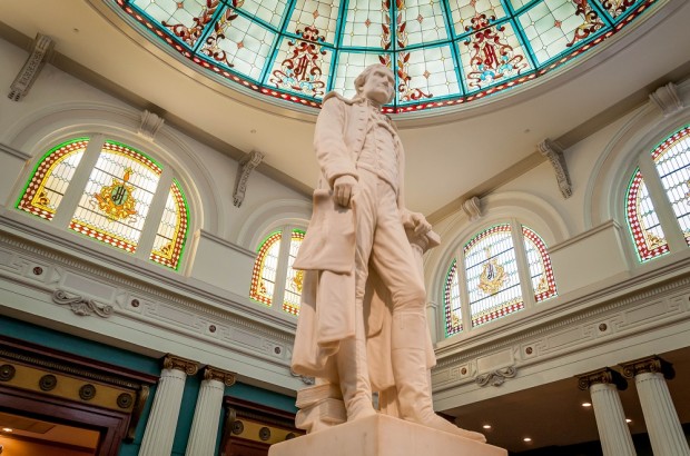 Stately Southern Charm at The Jefferson Hotel The Carrera marble statue of Thomas Jefferson in the lobby of The Jefferson Hotel Richmond.