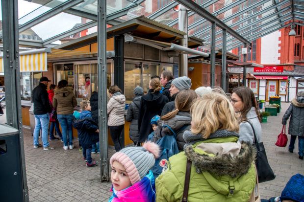 One of the best restaurants in Wurzburg is actually a snack kiosk. We joined the line of locals at the Bratwurststand Knüpfing for their bratwurst.