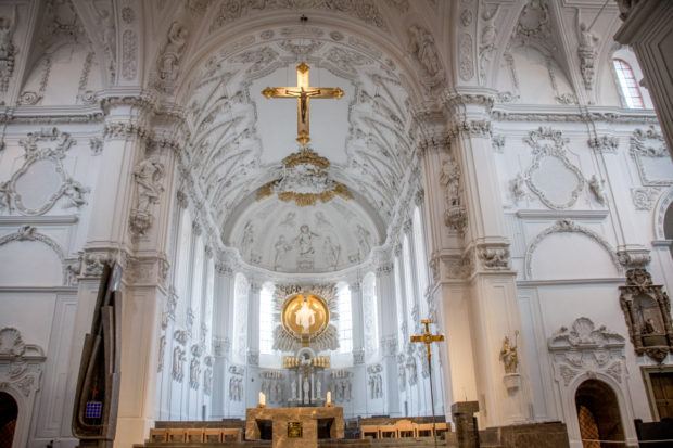 The white stucco of the Romanesque Wurzburg Cathedral of St. Kilian. The Cathedral is one of the top sites in Wurzburg to visit.