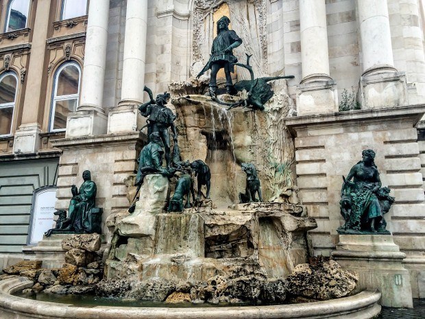 An elaborate fountain at the Budapest Castle.
