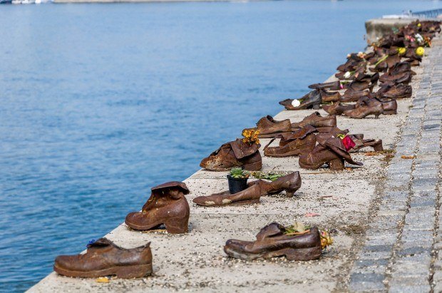 The Shoes on the Danube sculpture in Budapest, Hungary honoring the victims of the Holocaust.