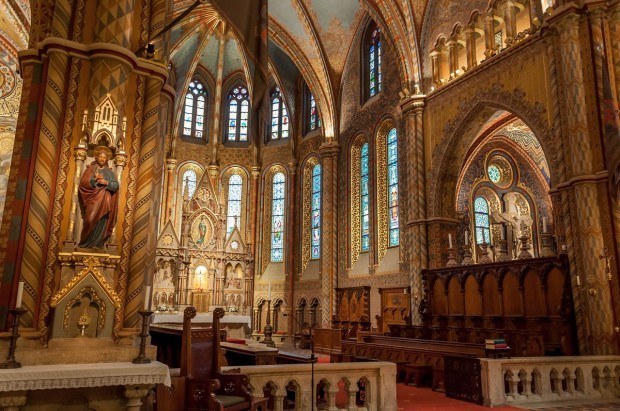 The ornate interior of the St. Matthias Church in Budapest, Hungary.
