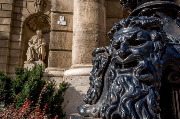 Statues outside the Hungarian State Opera in Budapest.