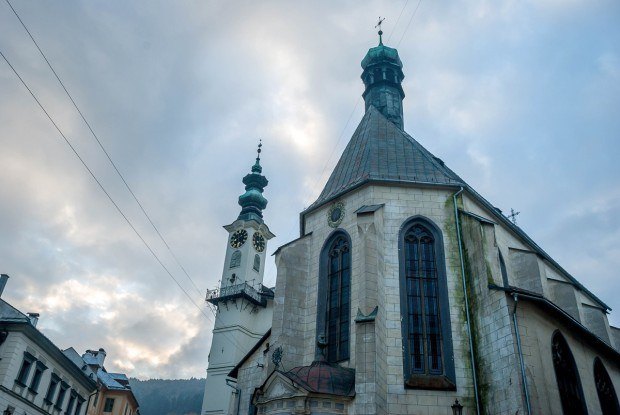 One of the Seven Wonders of Banska Stiavnica: The Town Hall Clock Tower (with Church of St. Catherine's).