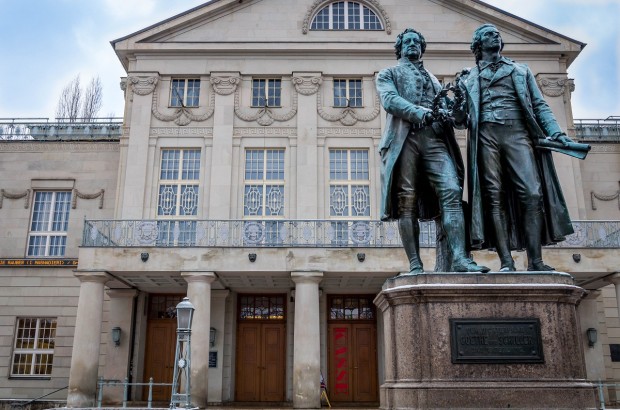 A Tale of Two Weimars The Goethe-Schiller statue in front of Germany's National Theater celebrates the age of Classical Weimar.