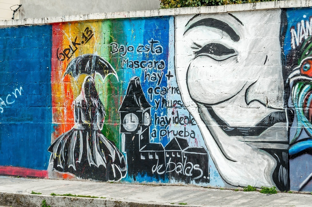 An anonymous mask as street art in Cotacachi, Ecuador.