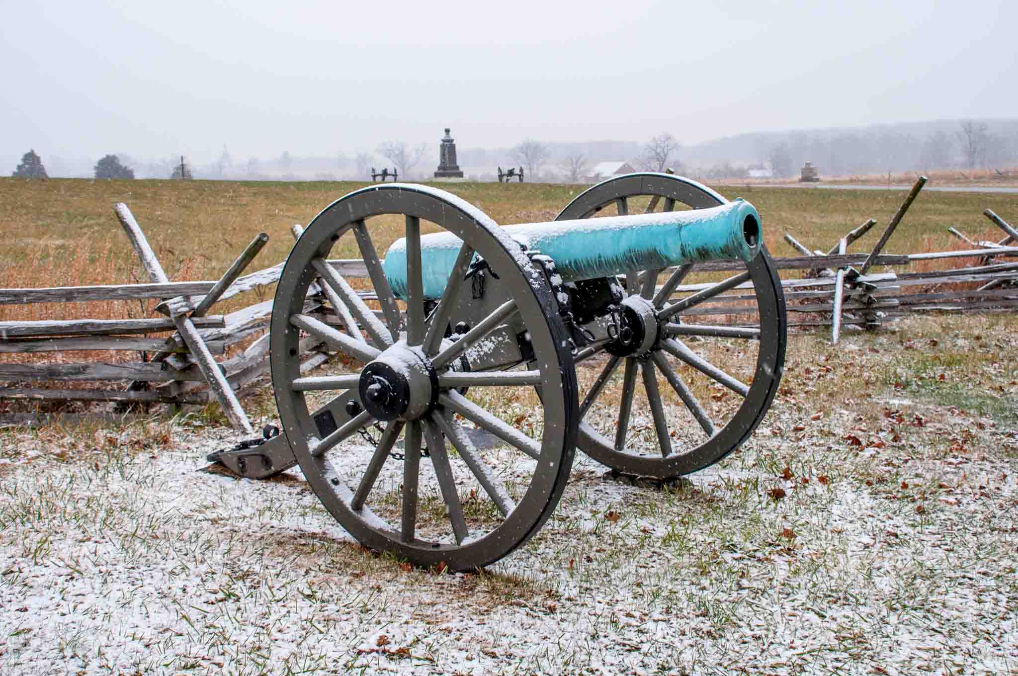 Cannon on the Gettysburg Battlefield covered in snow