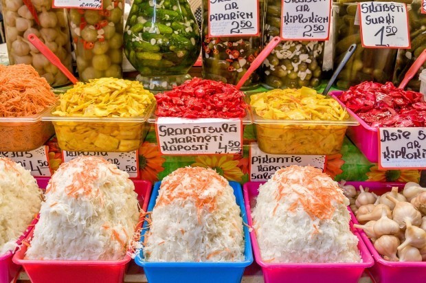 All varieties of pickles are popular in the Baltics. These are shown at a Latvian food market.