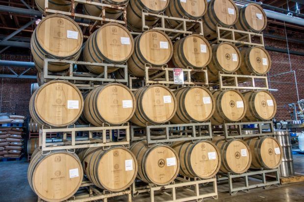 Aging barrels at Broad Branch Distillery in Winston-Salem, North Carolina