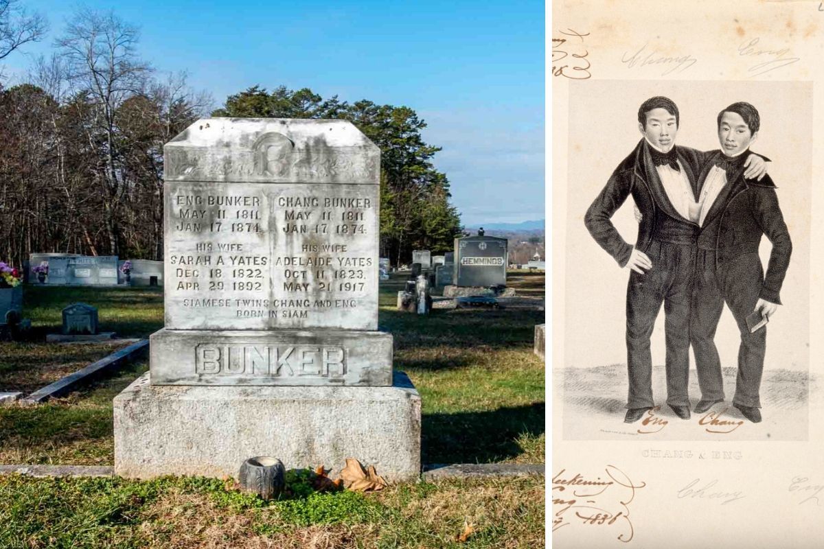 Tombstone of Eng and Chang Bunker alongside a drawing depecting the conjoined Bunker twins wearing tuxedos