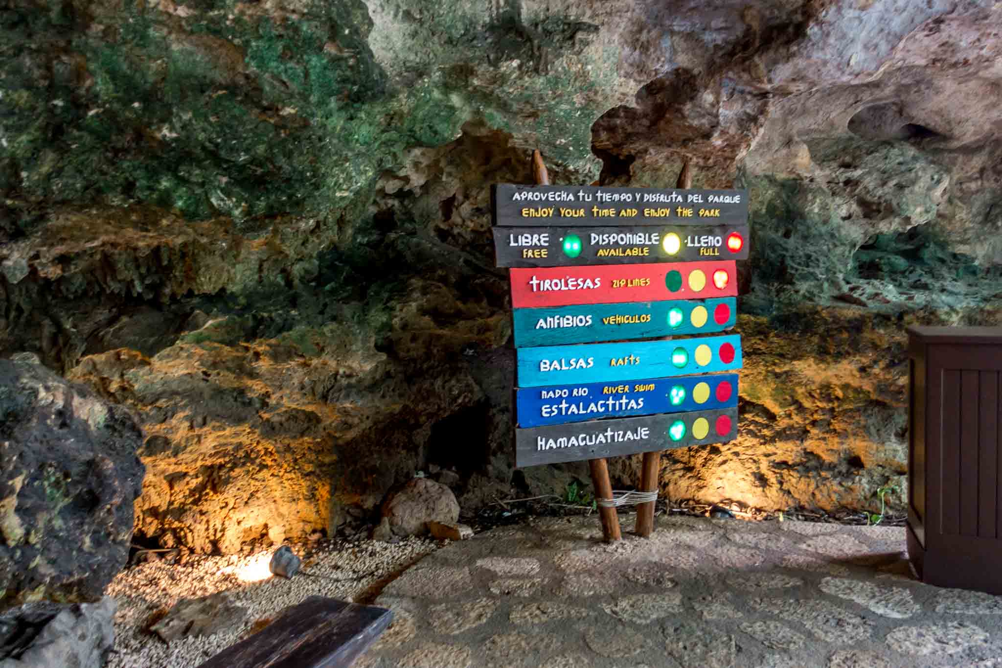 Activity board at Xplor adventure park in Playa del Carmen, Mexico
