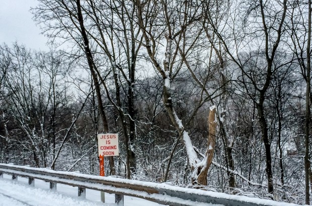 Our Biggest Travel Mistake (So Far) "Jesus is Coming" sign on a Tennessee highway during a snowstorm
