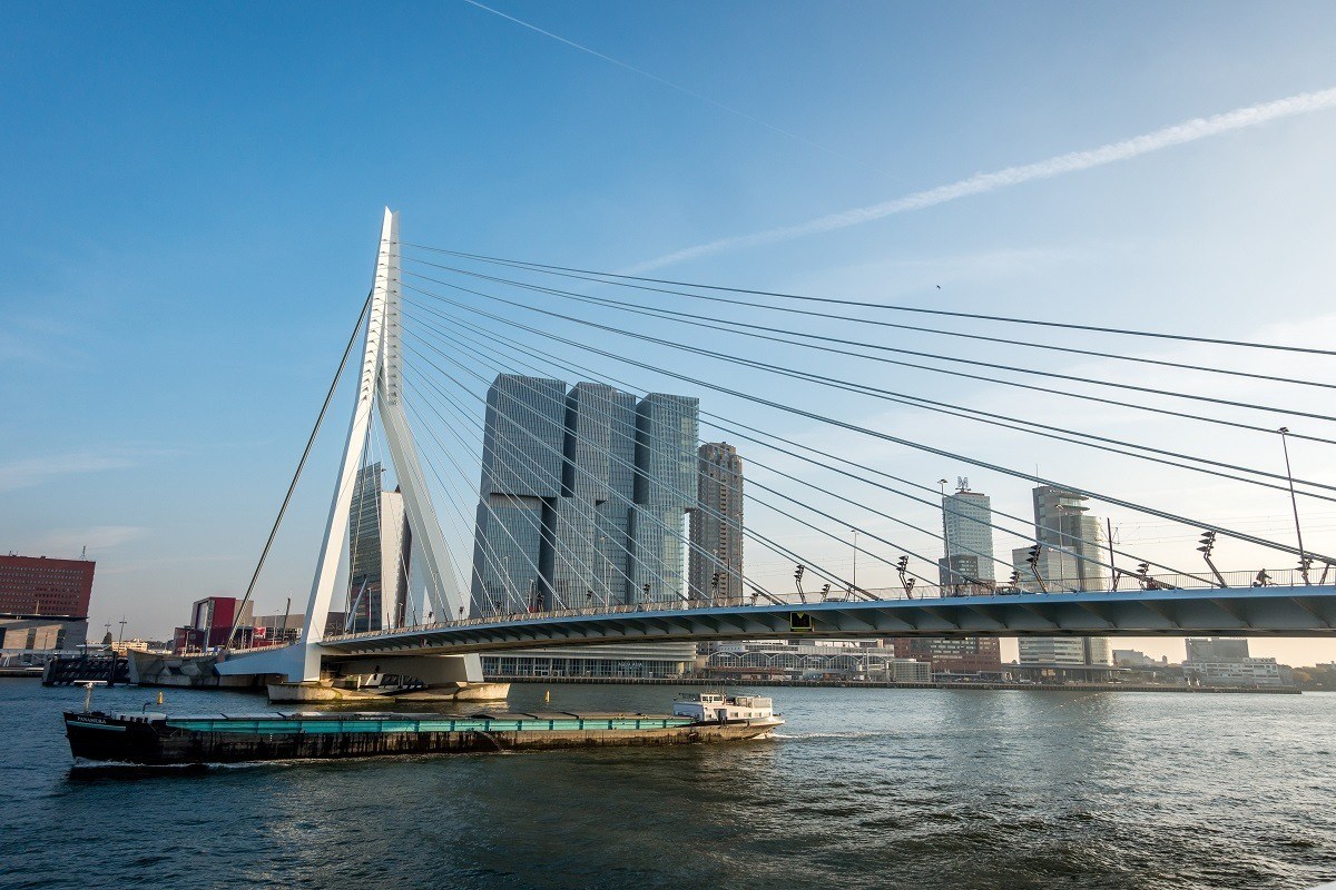 Sailing under the Erasmus Bridge on a boat cruise is one of the highlights of Rotterdam sightseeing