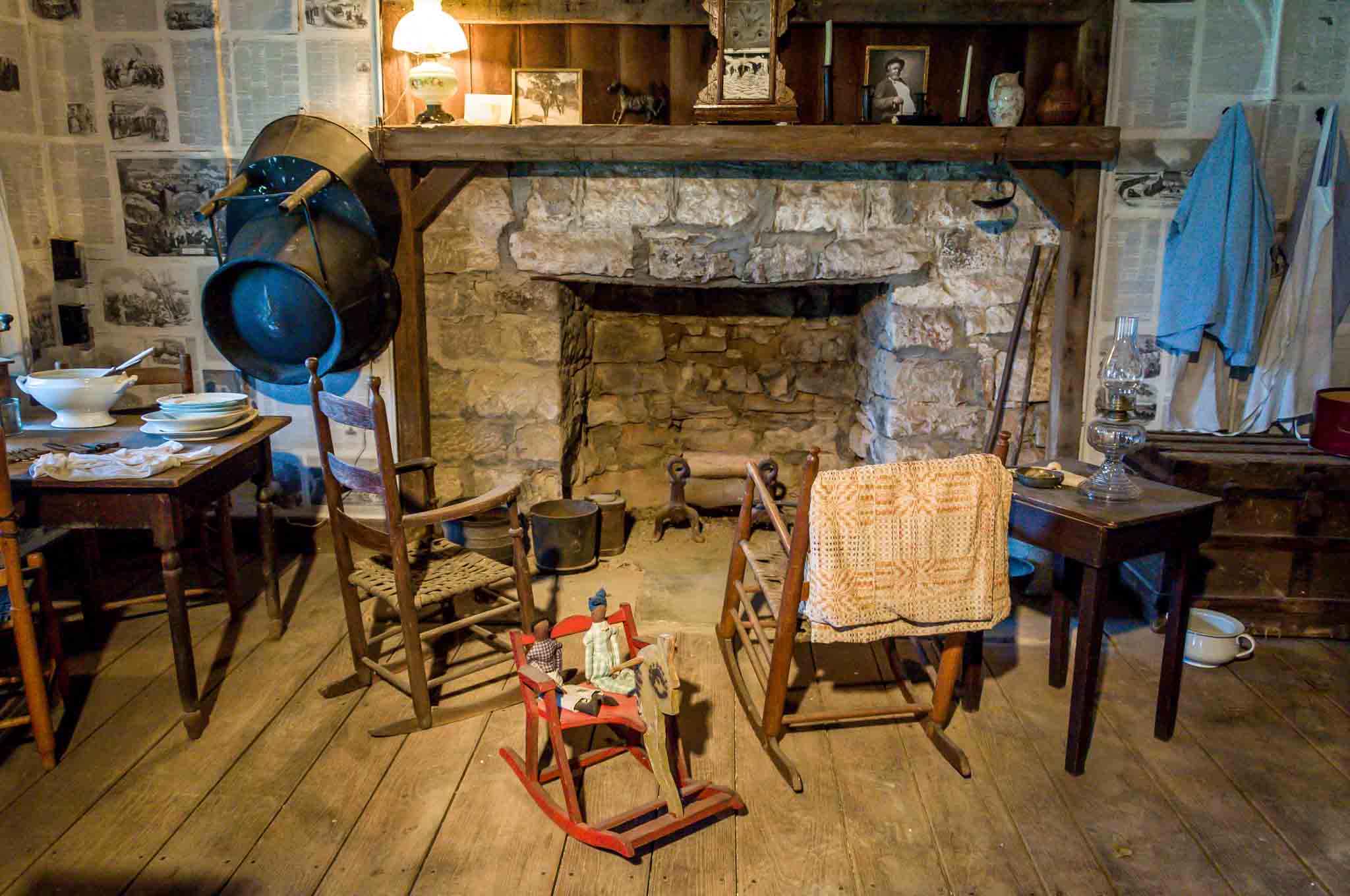 Part of the original log cabin on Belle Meade Plantation is decorated as if it were the early 1900s