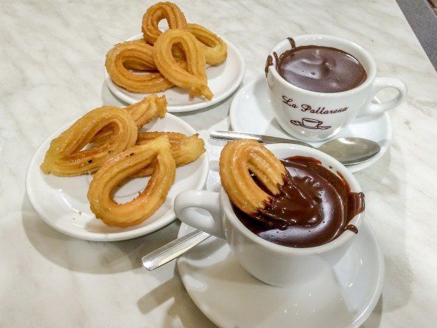 Churros and chocolate is a typical snack in Barcelona, Spain