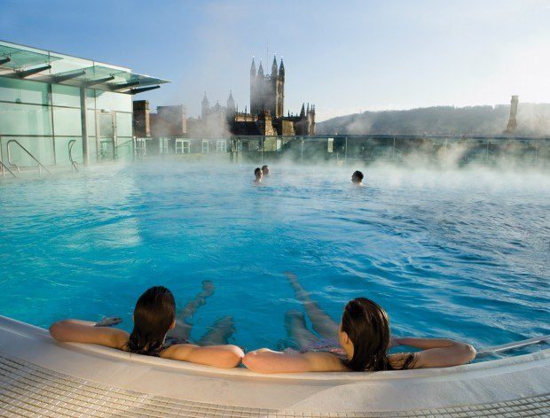 One of the fun things to do in Bath England is to soak in the rooftop pool at the Thermae Spa and gaze out on Bath Abbey