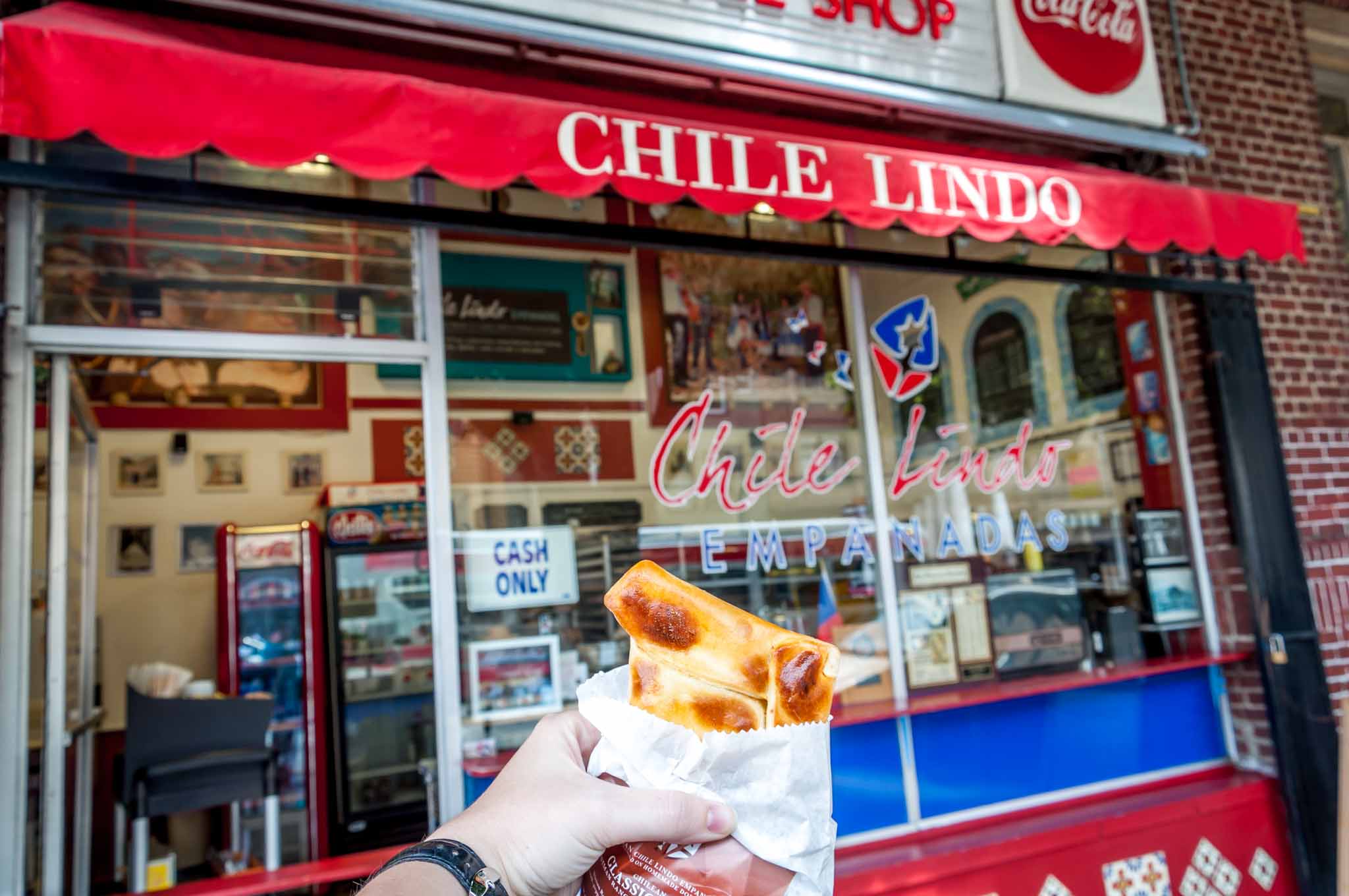 Chilean empanada in front of Chile Lindo in the Mission District SF