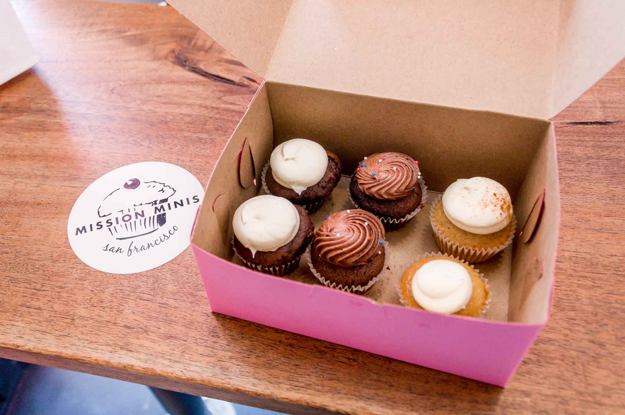 Box full of mini cupcakes from Mission Minis