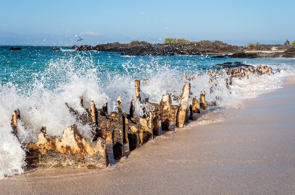 Wave crashing on the remains of a World War II barge on Santa Cruz Island