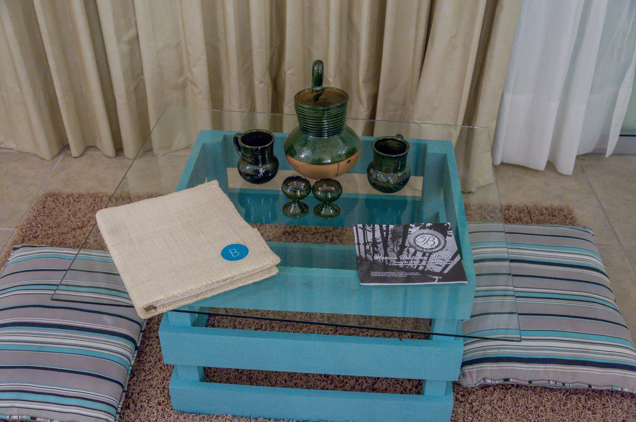 The tea set and sitting area in the rooms at the Hotel B.