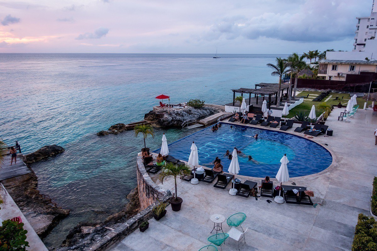 The Hotel B Cozumel pool at sunset.