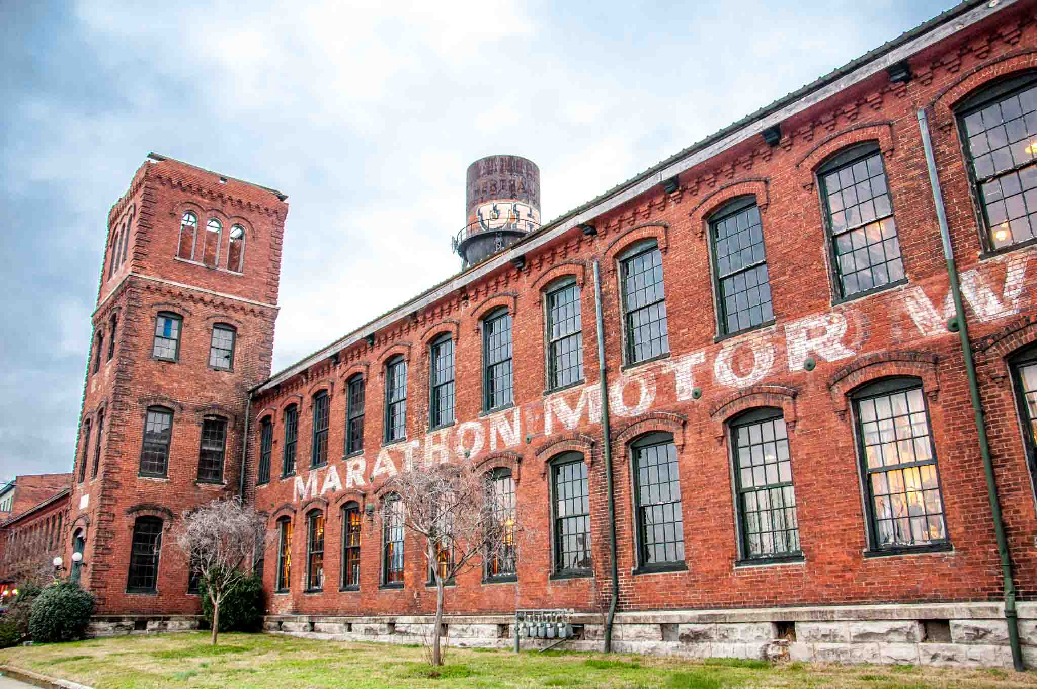 Red brick exterior of Marathon Village, a former factory in Nashville