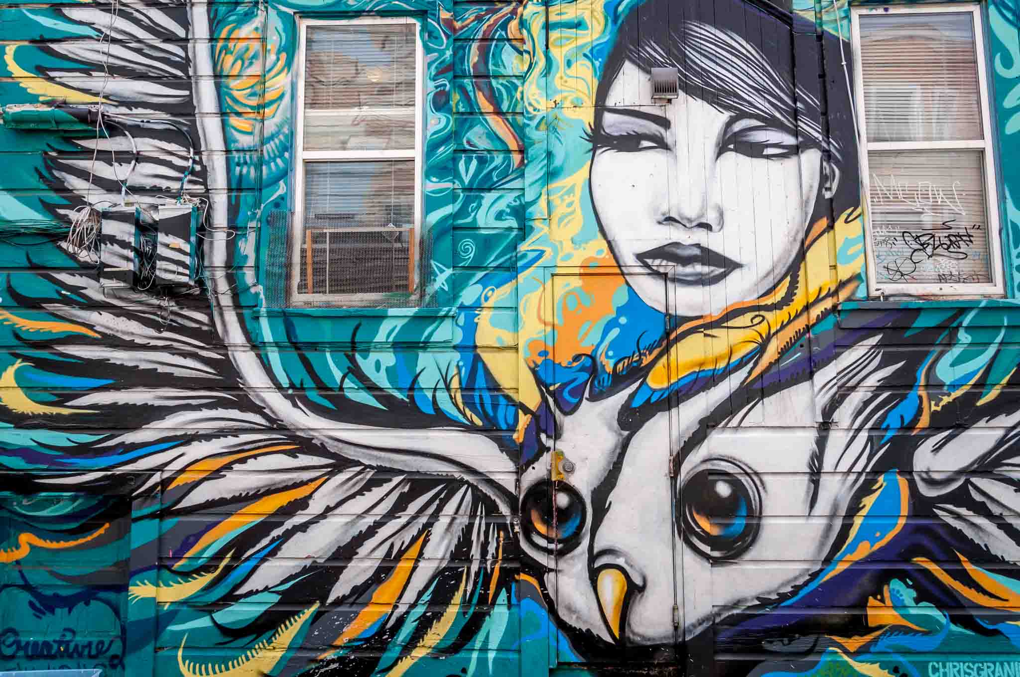 Street art mural in Clarion Alley of a woman and bird
