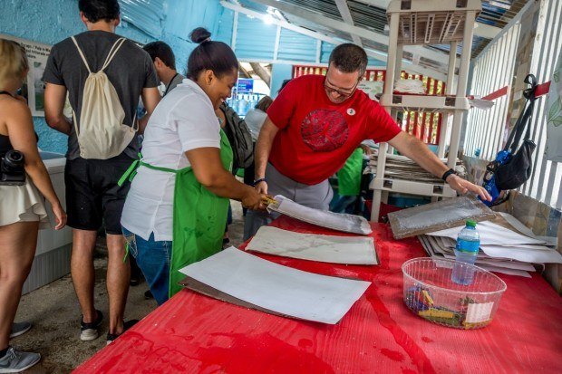 Removing the frame from recycled paper pulp. Volunteering for this impact activity is just one of the things you can do on a Fathom cruise.