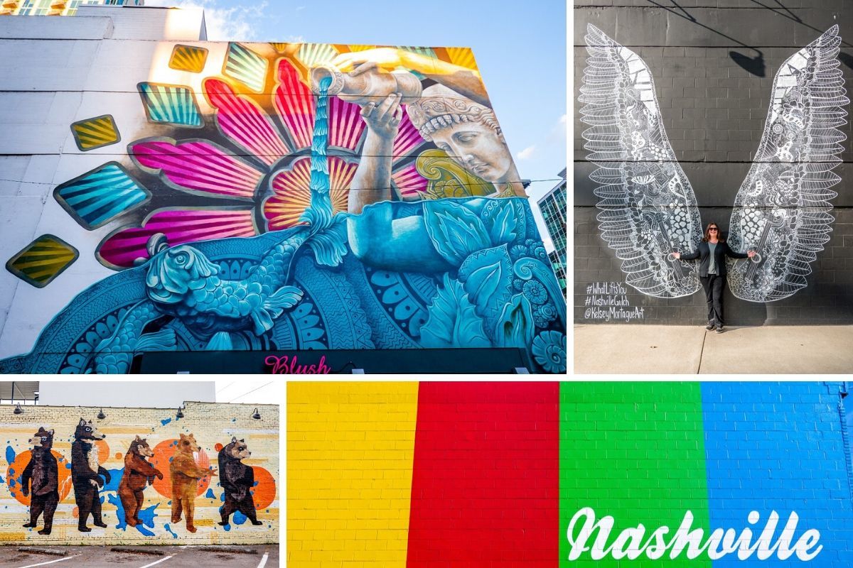 Some of the colorful street art murals in Nashville, Tennessee. Many can be found in The Gulch, Germantown, and East Nashville neighborhoods.