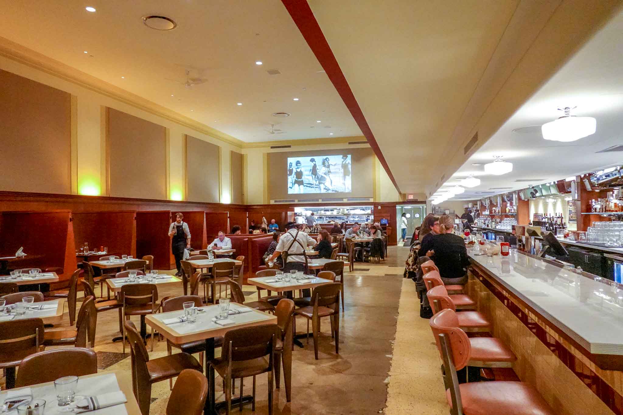 Tables and long bar inside Woolworth on 5th, a former Woolworth store restored as a restaurant. It was the site of important Civil Rights demonstrations in Nashville.
