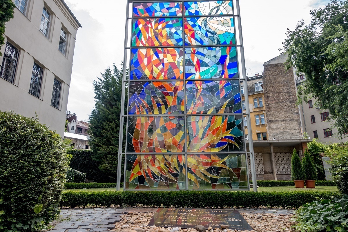 Stained glass panel and memorial at Raoul Wallenberg Memorial Park