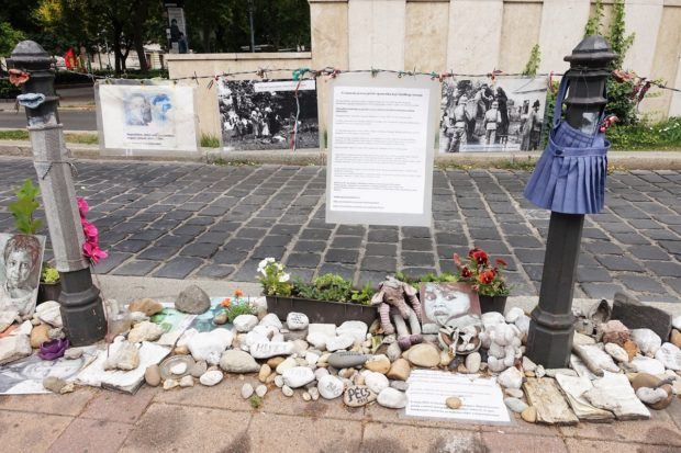 Some of the tributes left at Liberty Square in Budapest, Hungary