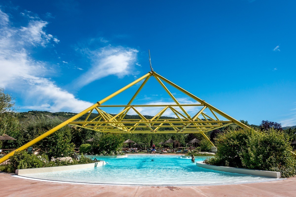The pyramid pool at Villaggio della Salute Piu, a spa and water park in Emilia-Romagna, Italy