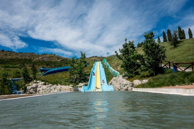 The slides at at the top of the hill at Villaggio della Salute Piu, a beautiful spa and water park near Bologna, Italy